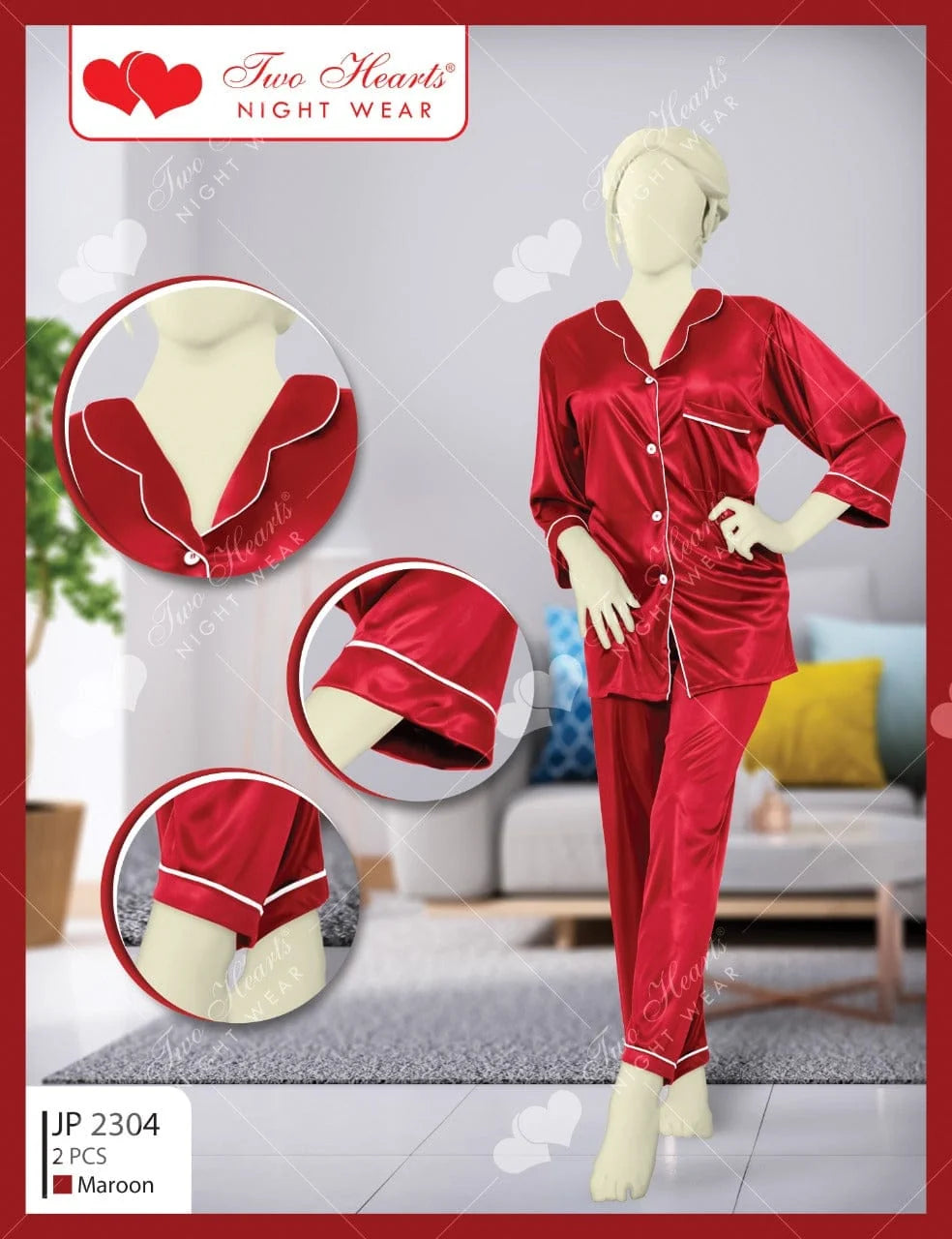 2 Piece Collar Neck Silk Lounge Wear JP2304