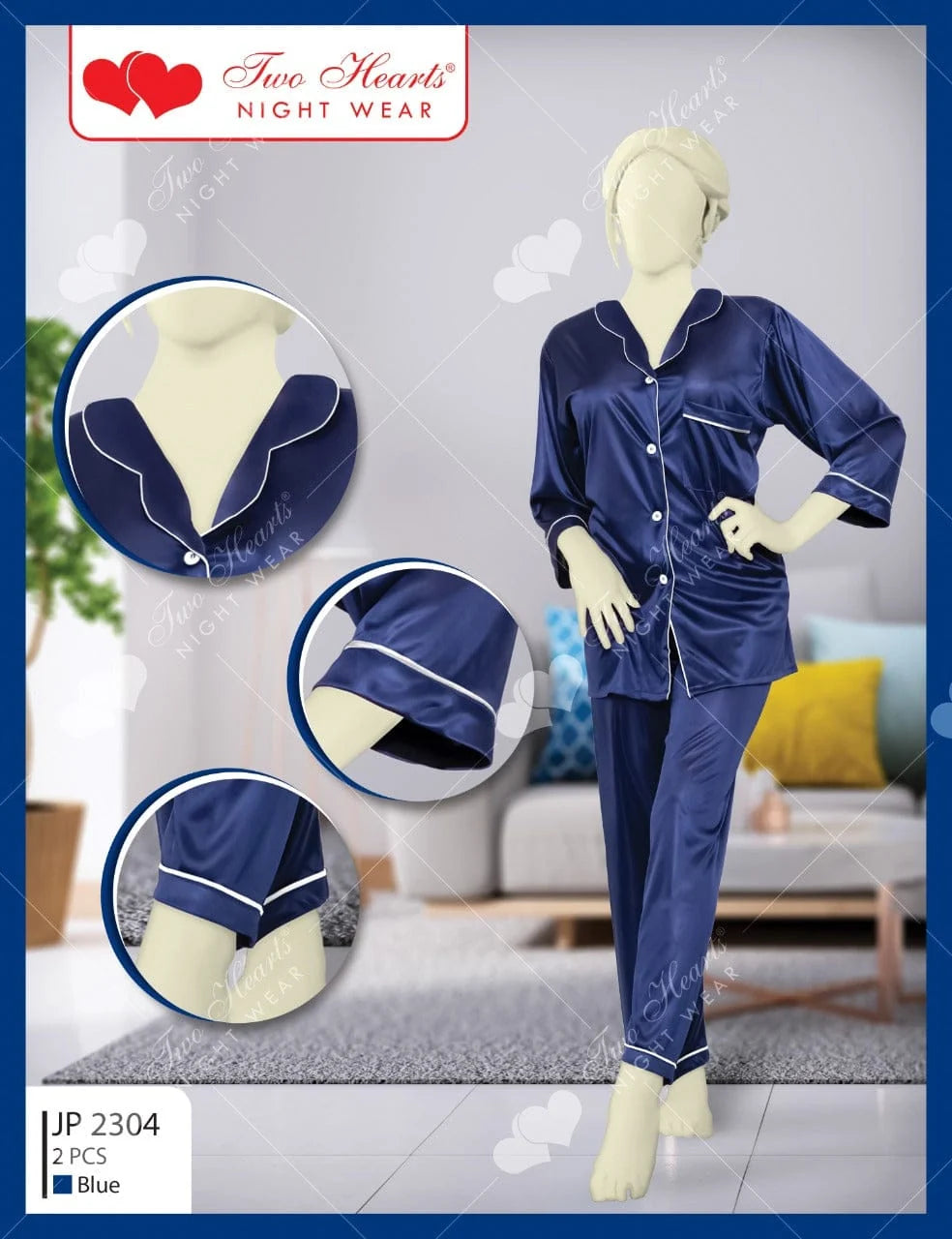 2 Piece Collar Neck Silk Lounge Wear JP2304