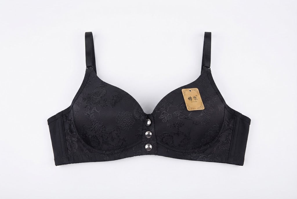 Elegance Embossed Floral Lace Bra – Front Button Accent